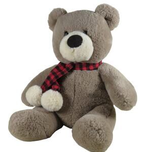 Aurora Plush Teddy Bear with Checkered Scarf - Soft, Cuddly, Classic Toy